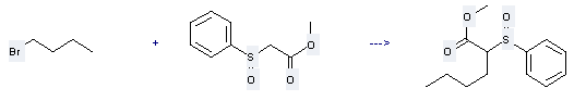 Acetic acid,2-(phenylsulfinyl)-, methyl ester can be used to produce 2-benzenesulfinyl-hexanoic acid methyl ester with 1-bromo-butane